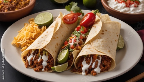 Mexican dishes on the table. Tacos, Burritos, quesadillas, chili, fajitas, tortillas.