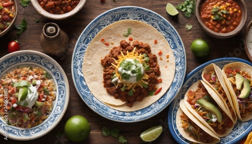 Mexican dishes on the table. Tacos, Burritos, quesadillas, chili, fajitas, tortillas.