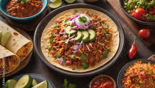 Mexican dishes on the table. Tacos, Burritos, quesadillas, chili, fajitas, tortillas.