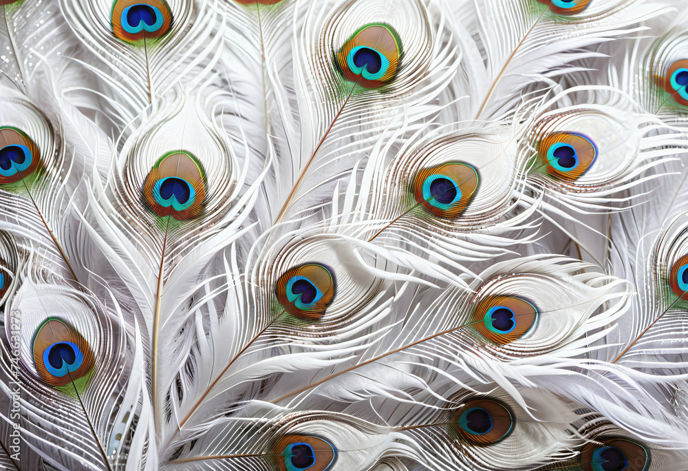 Obraz premium White peacock feathers lined up in the background