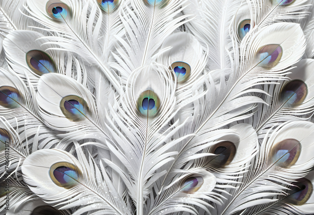 Obraz premium White peacock feathers lined up in the background