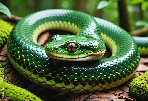 A green snake coiled up in the forest