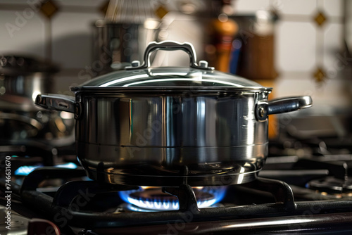 Stainless steel pot on a gas stove