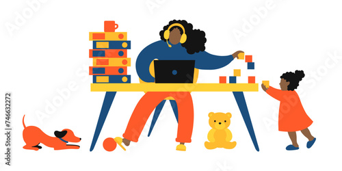 African ethnicity businesswoman working from home. Freelance woman. Busy mother working remote on laptop and playing with daughter and dog. Multitasking concept.