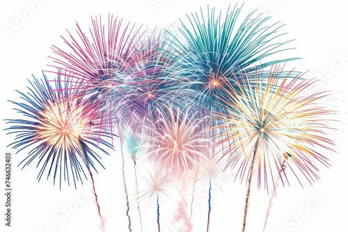 A spectacular scene featuring a vibrant fireworks display set against a pristine white background  adding a touch of sparkle and joy to a birthday occasion.