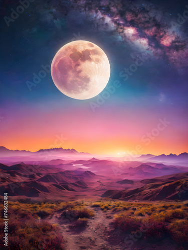Fantasy landscape with sand dunes and moon in the sky.