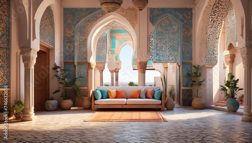 Moroccan riad decorated with an arabesque style geometric mosaic, generative ai