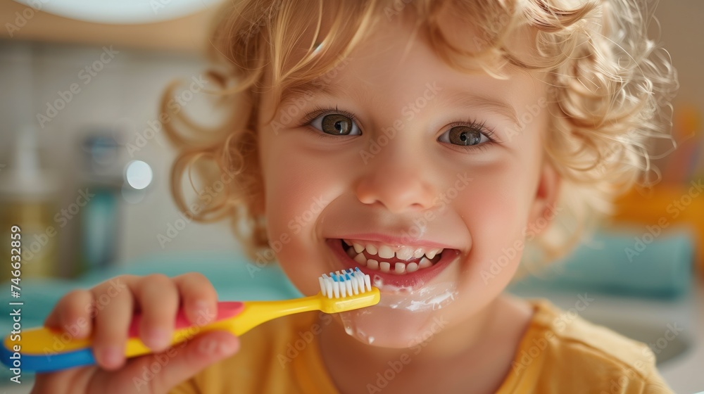 Happy toddler brushing teeth, promoting dental hygiene and health in early childhood Happy toddler brushing teeth, promoting dental hygiene and health in early childhood
