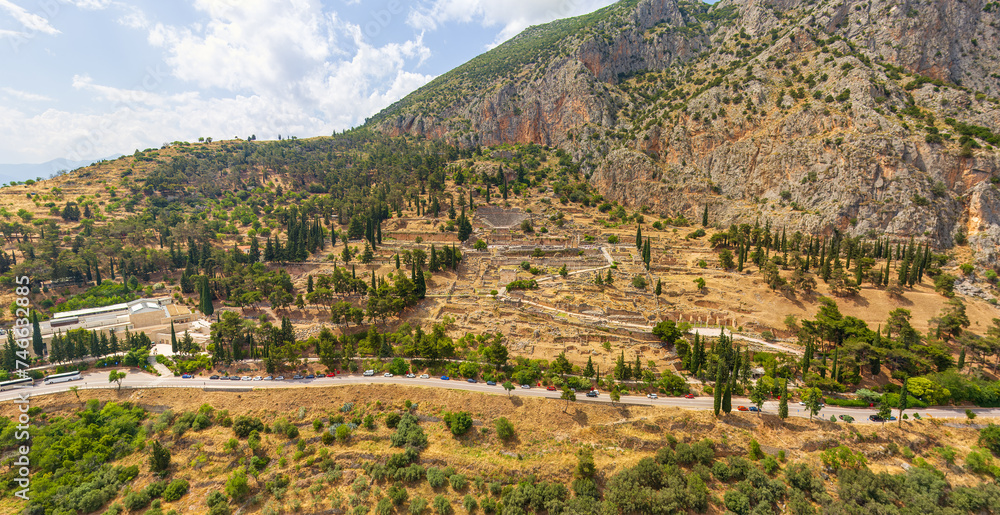 Delphi, Greece. Ruins of the ancient city of Delphi. Sunny weather, Summer. Aerial view
