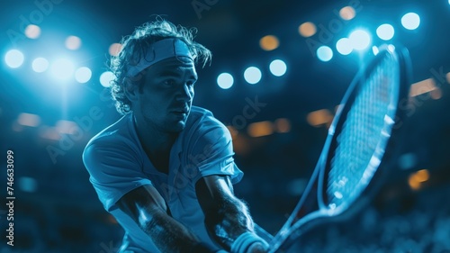 Tennis player focused during night match, concept of sports, competition, and athletic determination