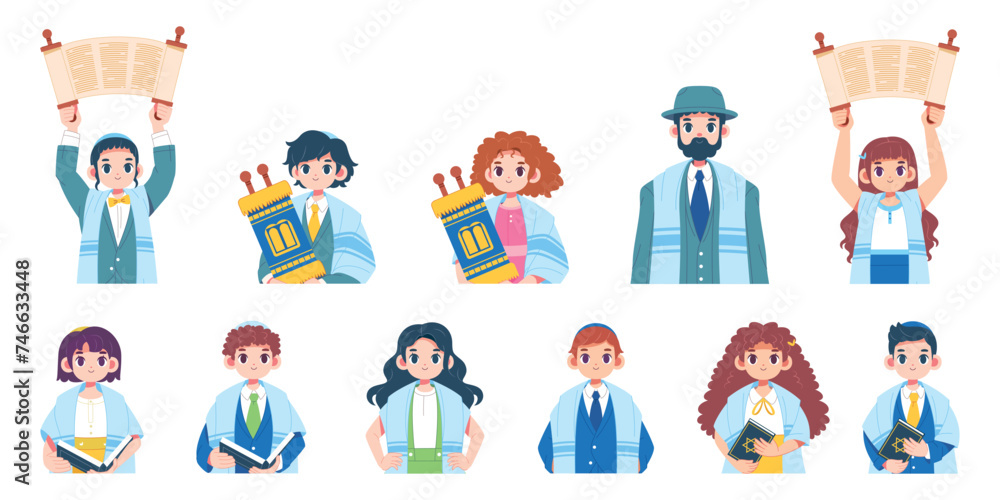 Vector Jewish Bar Mitzvah Bat Cartoon Characters Set Illustration Isolated Vector Jewish Bar Mitzvah Bat Cartoon Characters Set Illustration Isolated