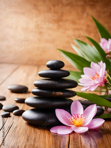 zen basalt stones and pink flower on the wooden background  spa concept