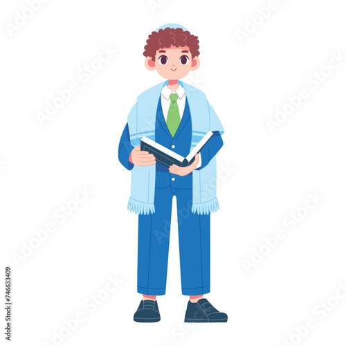 Vector Jewish Boy Holding Torah book Cartoon Illustration Isolated