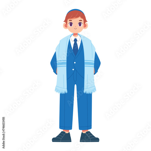 Vector Jewish Boy Traditional Bat Mitzvah Cartoon Illustration Isolated