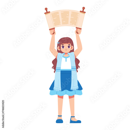 Vector Jewish Girl Holding Torah Scorll Cartoon Illustration Isolated