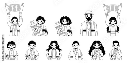 Vector Jewish Bar Mitzvah Bat Cartoon Characters Set Illustration Isolated