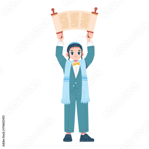 Vector Jewish Boy Holding Torah Scorll Cartoon Illustration Isolated