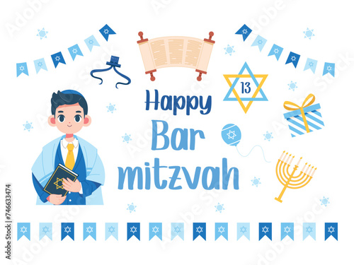 Vector Bar Mitzvah Invitation Congratulation Card Jewism Illustration Isolated