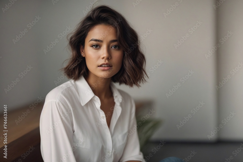 Woman in White Shirt Sitting Down. Generative AI. Woman in White Shirt Sitting Down. Generative AI.