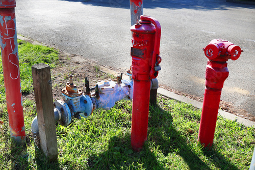 Pillar fire hydrant regulates the flow of water from the public water system into the fire suppression system beside the post indicator valve on the grass near the sidewalk. With backflow preventers.