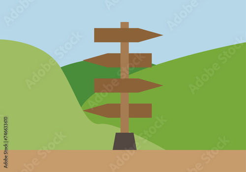 Paisaje de montaña con carteles de diferentes direcciones. 