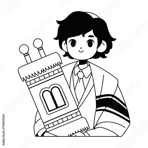 Vector Jewish Boy Holding Torah Scorll Cartoon Illustration Isolated