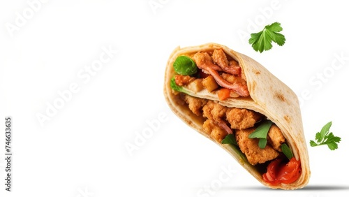 Meat and greens wrapped in pita bread on a white background with free space.