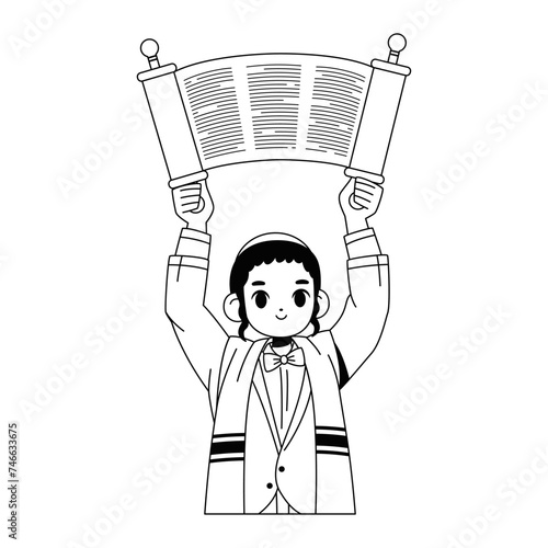 Vector Jewish Boy Holding Torah Scorll Cartoon Illustration Isolated