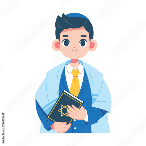 Vector Jewish Boy Holding Torah book Cartoon Illustration Isolated