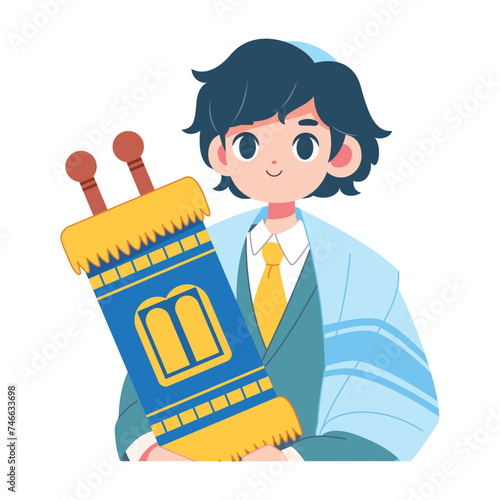 Vector Jewish Boy Holding Torah Scorll Cartoon Illustration Isolated