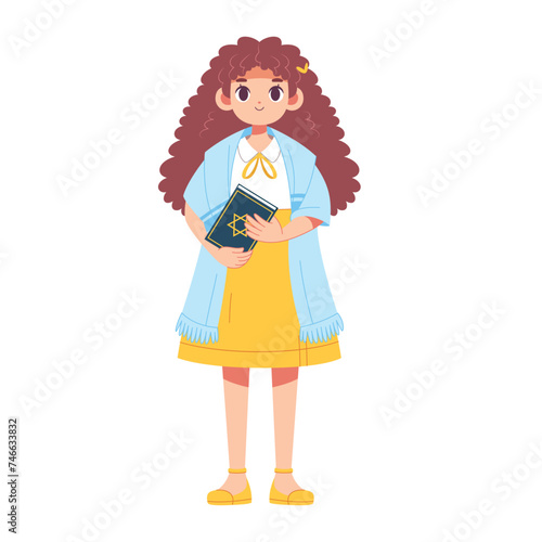 Vector Jewish Girl Holding Torah book Cartoon Illustration Isolated