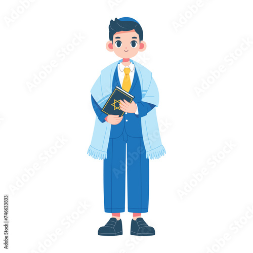 Vector Jewish Boy Holding Torah book Cartoon Illustration Isolated