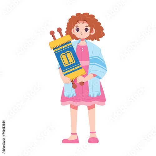 Vector Jewish Girl Holding Torah Scorll Cartoon Illustration Isolated