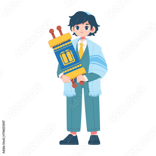 Vector Jewish Boy Holding Torah Scorll Cartoon Illustration Isolated