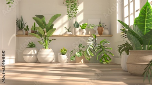 white room, light brown wood floor, green plants in new age pots, plants on a shelf, hyper realistic, cinematic