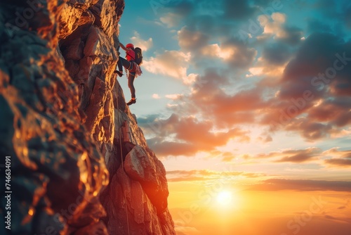 Adventurous person rock climbing at sunset, concept of challenge, adventure, and determination in nature