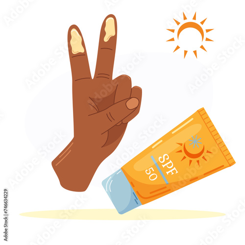 Vector illustration of a hand with SPF cream on two fingers and sunscreen. Cream with SPF blocks the sun's rays. Product for the “Protection from Summer” set. 