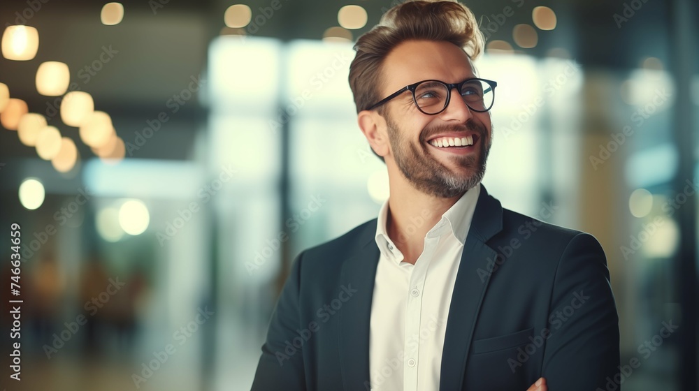 Smiling professional business person with copy space, simple background