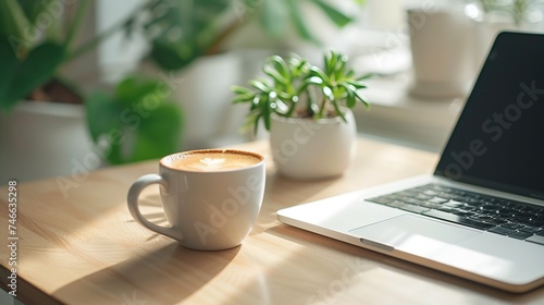 A white mug next to a laptop on a wooden table, illuminated by warm sunlight