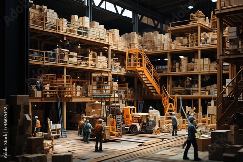 a group of people standing together and working in a warehouse, in the style of grocery art, humanistic empathy