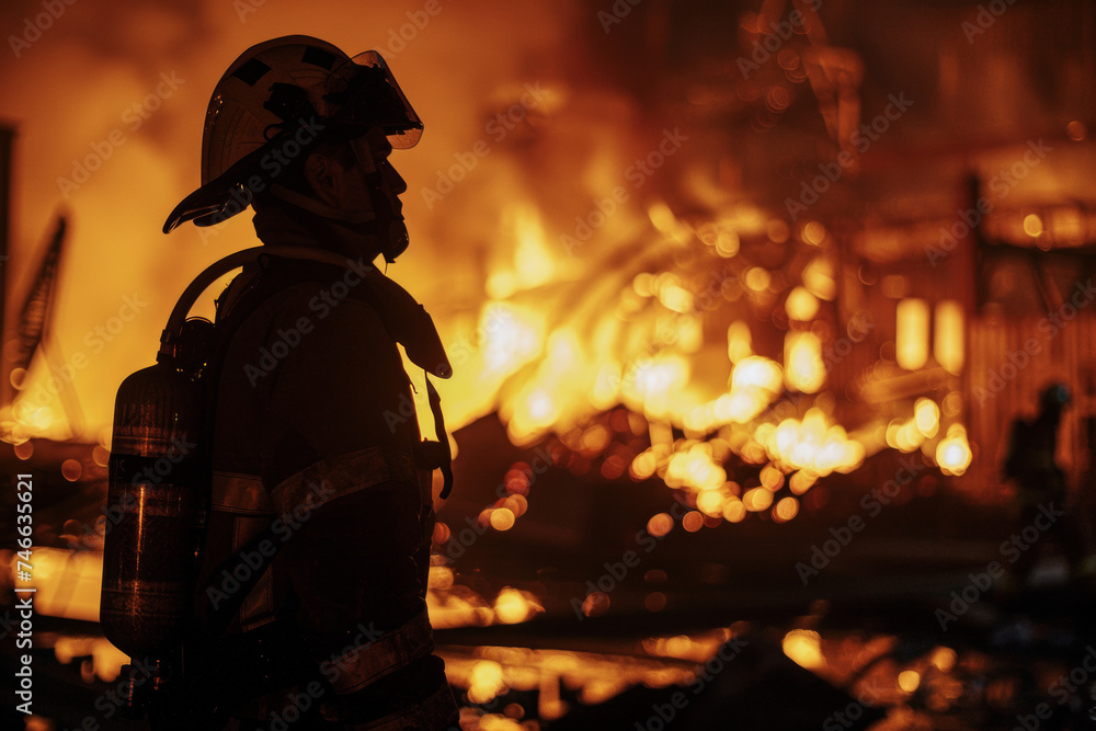 silhouette d'un pompier luttant contre un incendie d'un entrepôt la nuit silhouette d'un pompier luttant contre un incendie d'un entrepôt la nuit