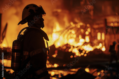 silhouette d'un pompier luttant contre un incendie d'un entrepôt la nuit 