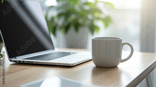 A white mug next to a laptop on a wooden table, illuminated by warm sunlight