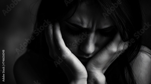 Tearful woman in a dark room background space for quotes on the silent struggle of depression