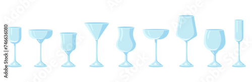 Set in row of various blue glasses for alcohol and non alcohol drinks in flat style on white background for icons, posters, patterns, webs, apps, wrapping