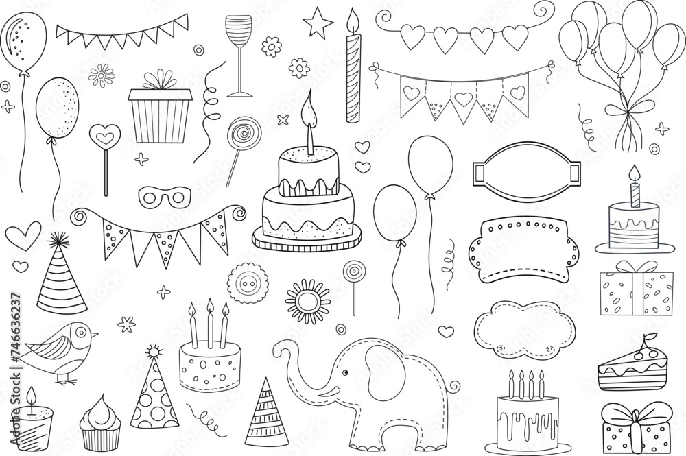 cake, gifts, balloons, birthday, sketch on a white background vector cake, gifts, balloons, birthday, sketch on a white background vector