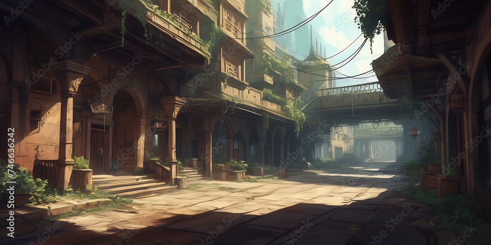Concept art for a video game environment, rendered with a painterly style.