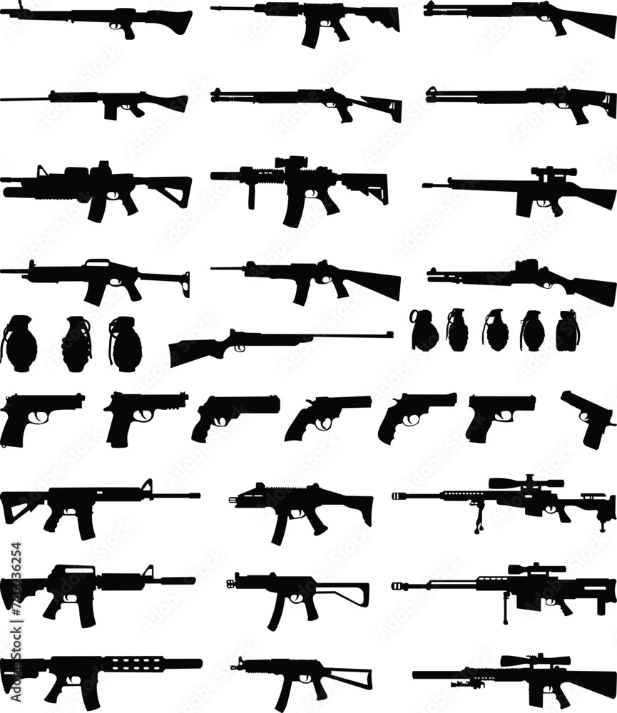 silhouette of weapons, machine guns, pistols, grenades on a white background vector