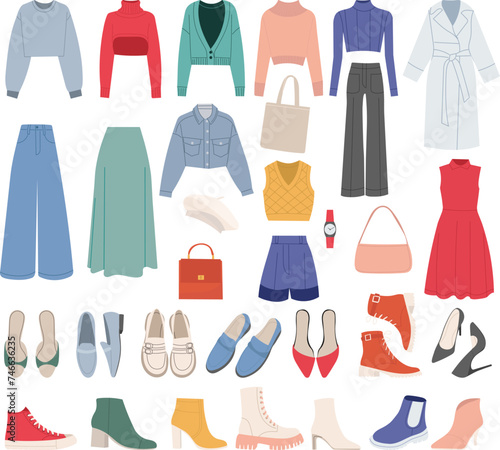 set of women's clothing and shoes on a white background vector