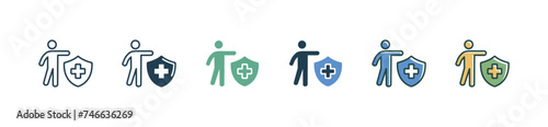 health insurance icon set people holding shield with cross sign vector illustration for web and app